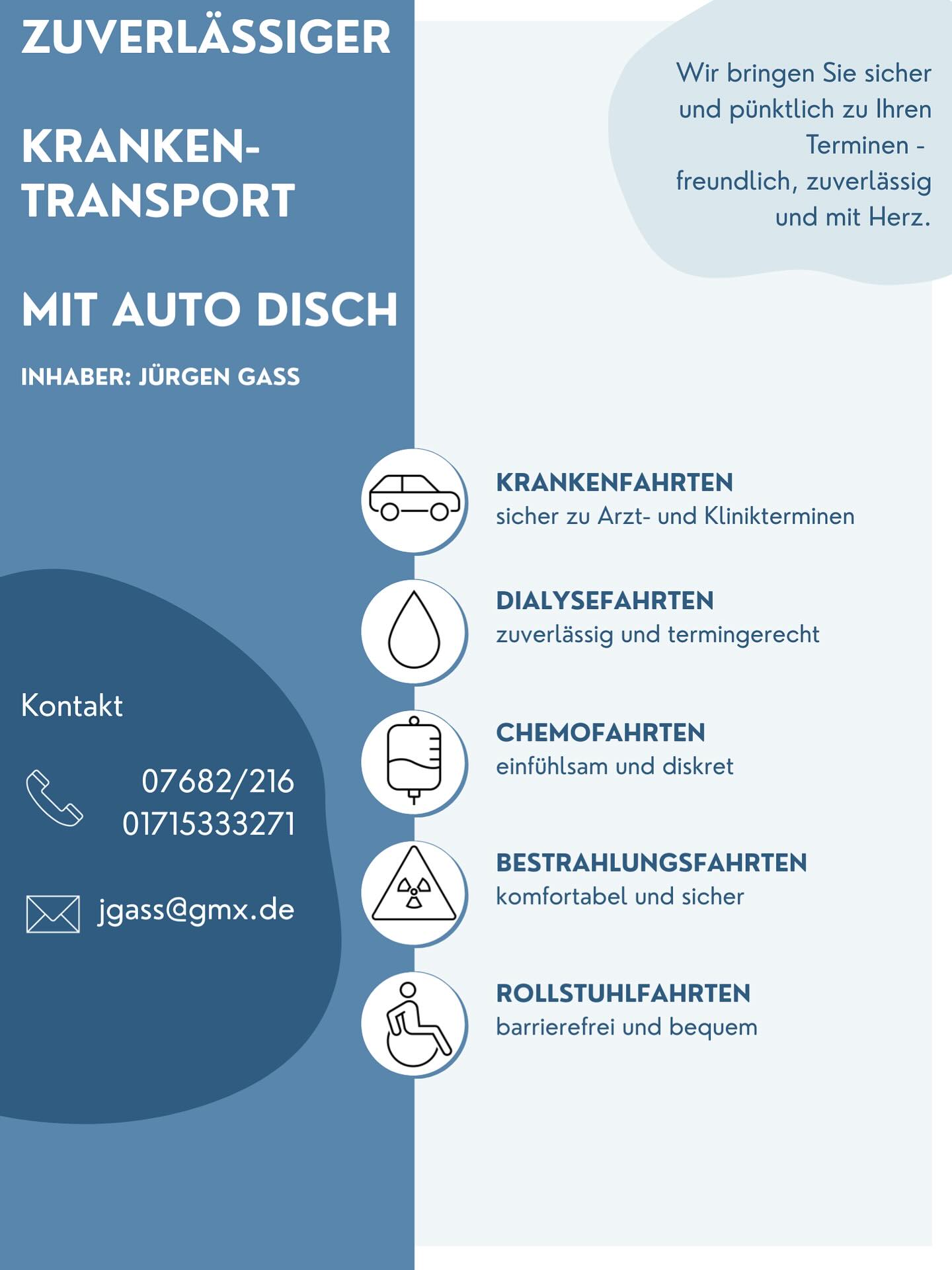 Krankenfahrten, Dialysefahrten, Chemofahrten, Bestrahlungsfahrten und Rollstuhlfahrten - Jürgen Gass, Elzach